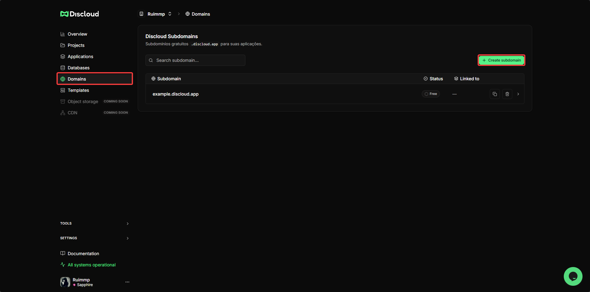 Dashboard Subdomain tab