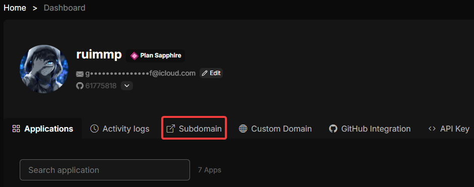 Dashboard Subdomain tab