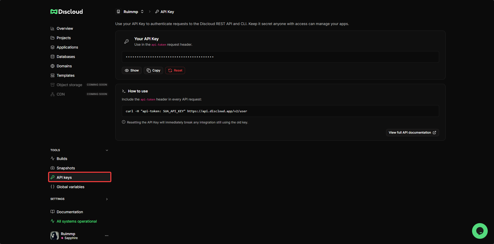 Dashboard API keys page
