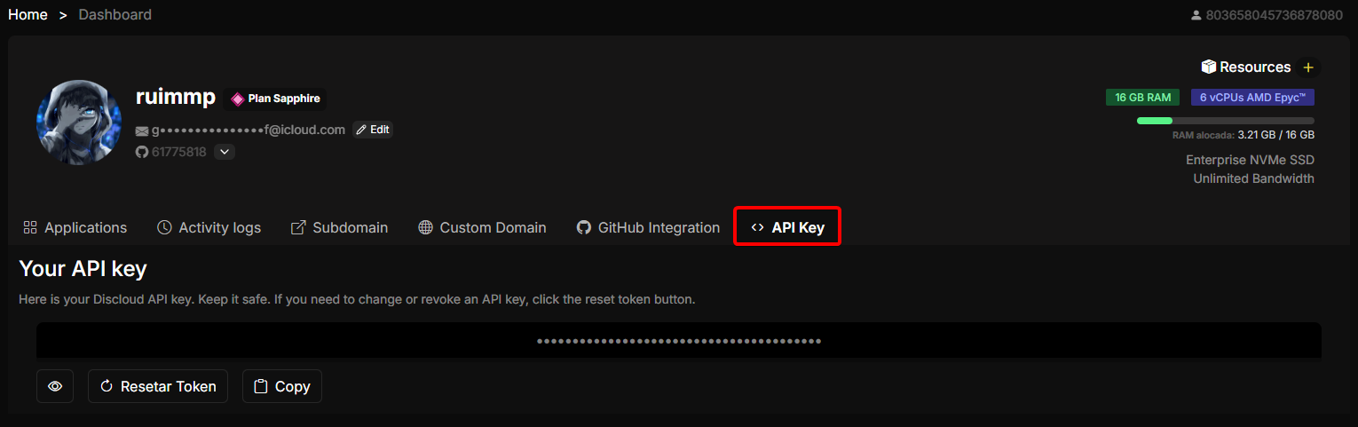 Dashboard API Key tab