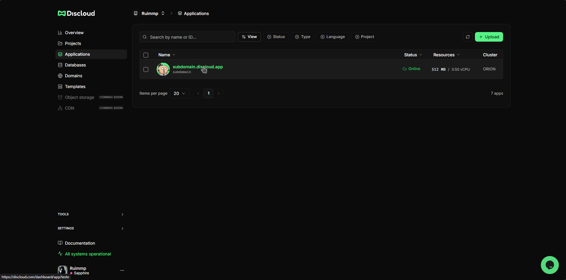 App list showing custom domain